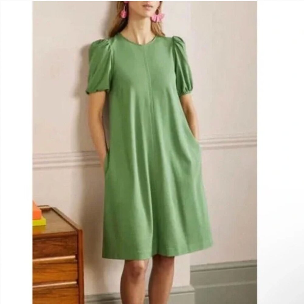 Boden green puff short sleeve crew neck dress